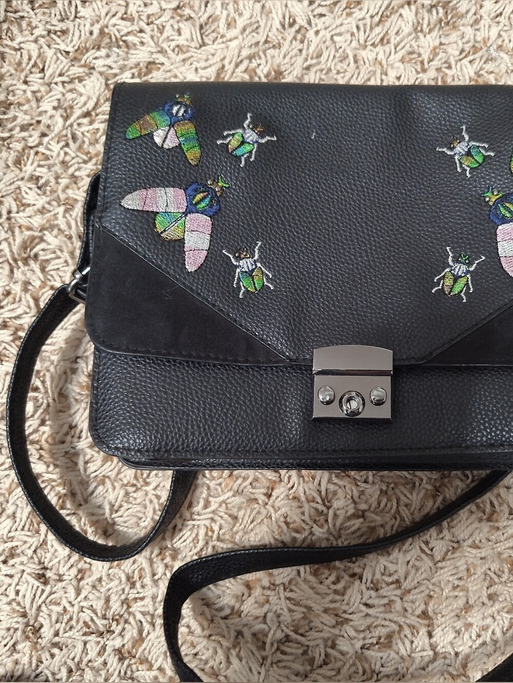 Black Leather Crossbody Bag with Embroidered Beetle Motif